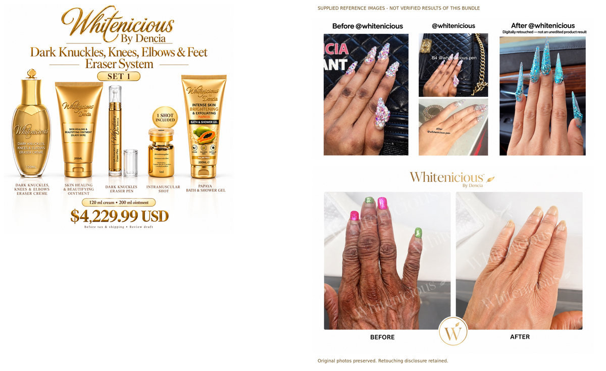 Set 1 — product lineup and supplied reference collages, not verified bundle results; retouching disclosure retained.