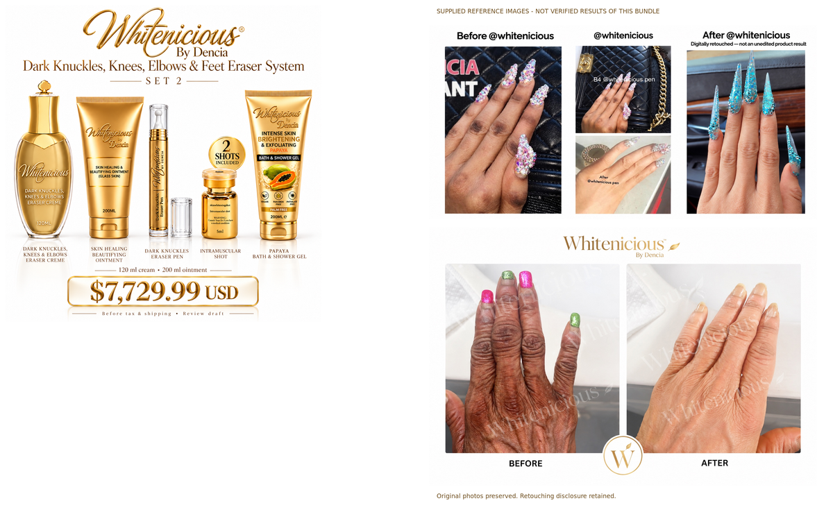 Set 2 — product lineup and supplied reference collages, not verified bundle results; retouching disclosure retained.