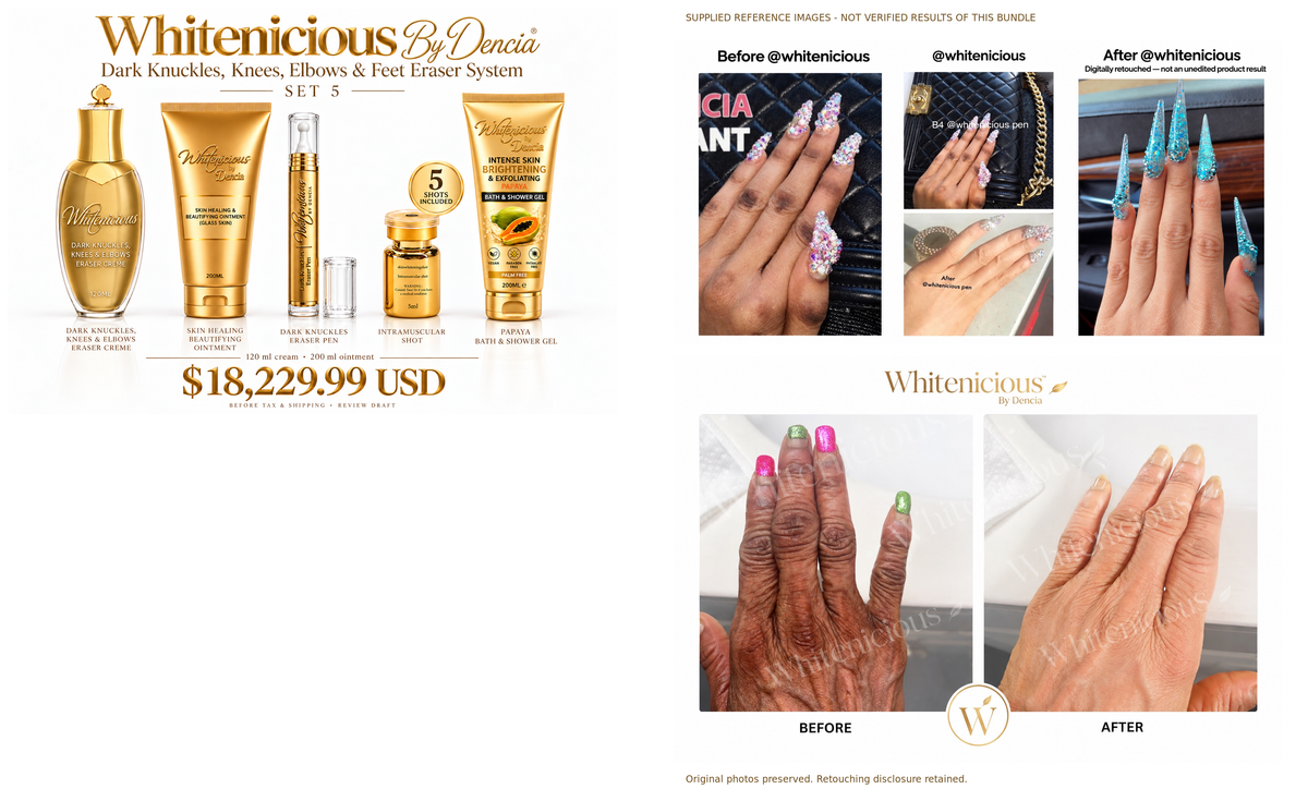 Set 5 — product lineup and supplied reference collages, not verified bundle results; retouching disclosure retained.