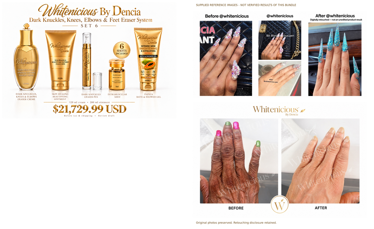 Set 6 — product lineup and supplied reference collages, not verified bundle results; retouching disclosure retained.