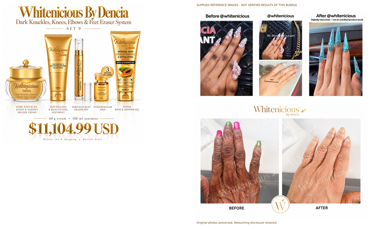 Set 9 — product lineup and supplied reference collages, not verified bundle results; retouching disclosure retained.