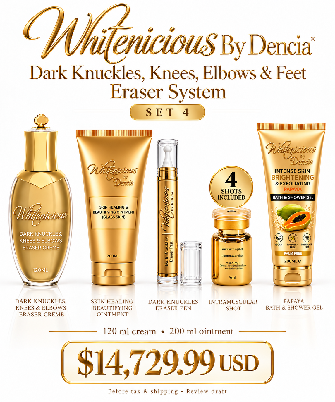 Set 4 product-only lineup — sizes, shot quantity and full price.