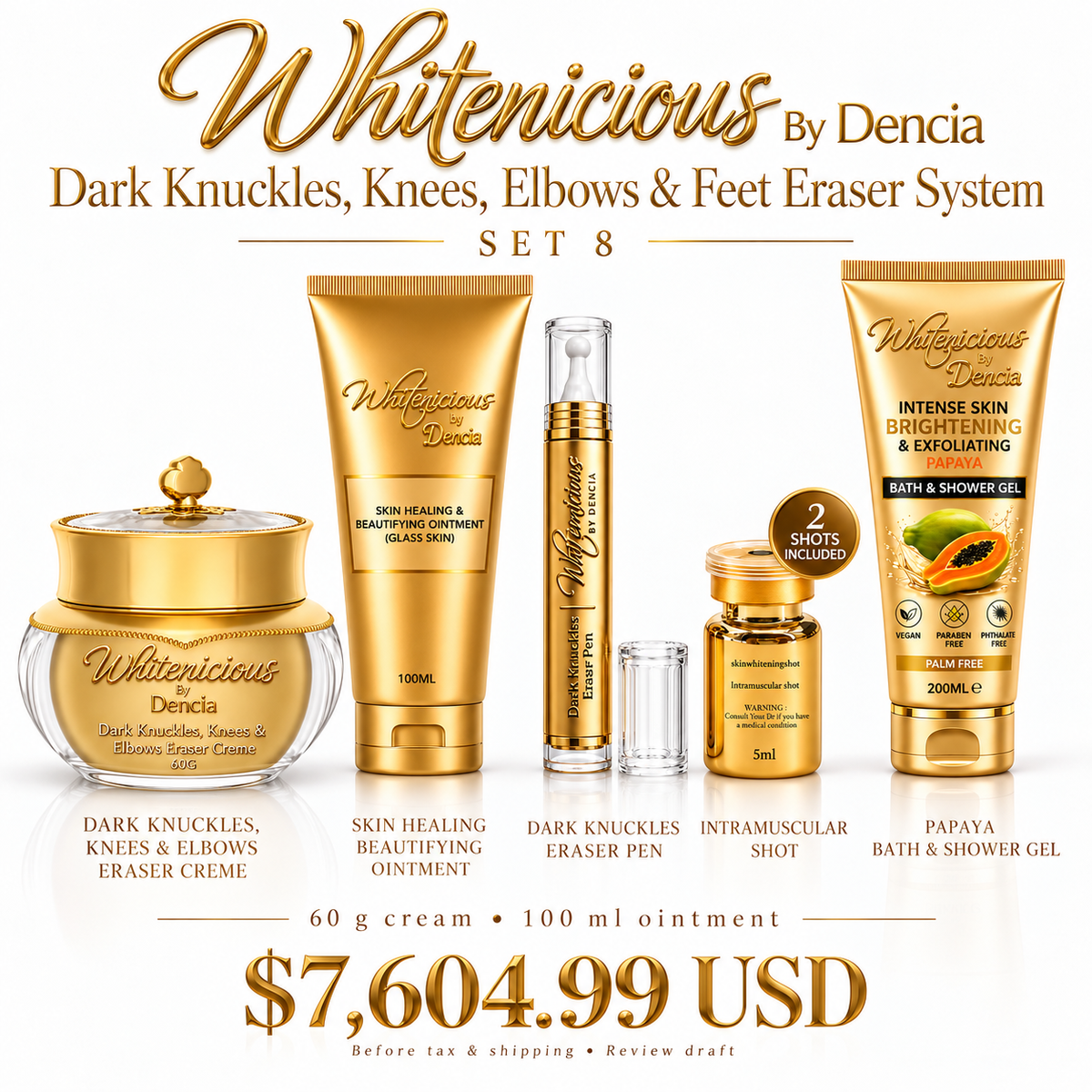 Set 8 product-only lineup — sizes, shot quantity and full price.